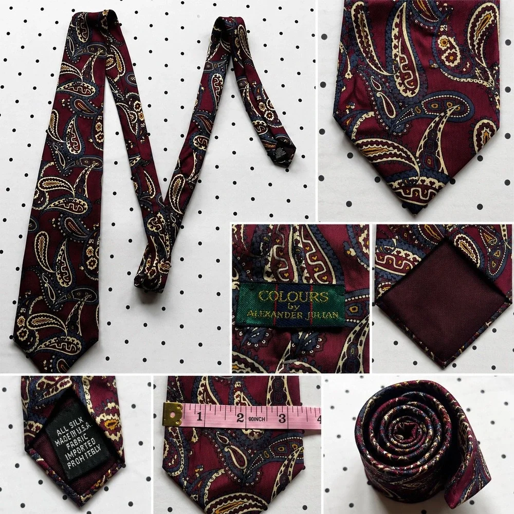 Colours by Alexander Julian Mens Silk Paisley Tie Burgundy Navy Gold Made in USA